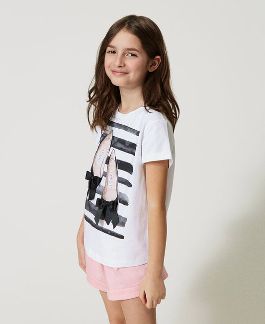 T-SHIRT M/C STAMPA RIGHE E SCARPETTE 