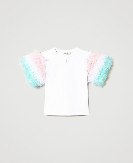 T-SHIRT IN JERSEY C/MANICHE IN TULLE SFUMATO 