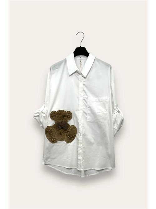 Camicia over con orso applicato e strass LOVEme | OT-10737/Bianco