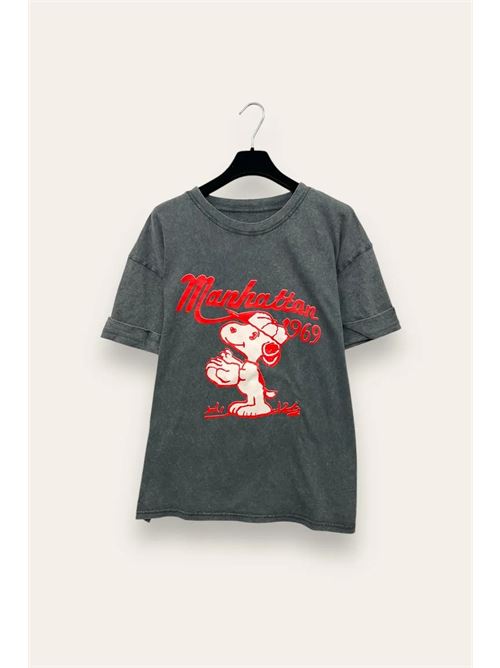 T-shirt stone wash con stampa snoopy e scritta Manhattan 1969 LOVEme | VB-10757/Antracite