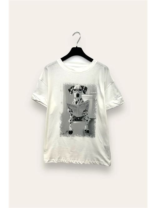 T-shirt con cane che guarda il giornale con brillantini LOVEme | VB-10774/Bianco