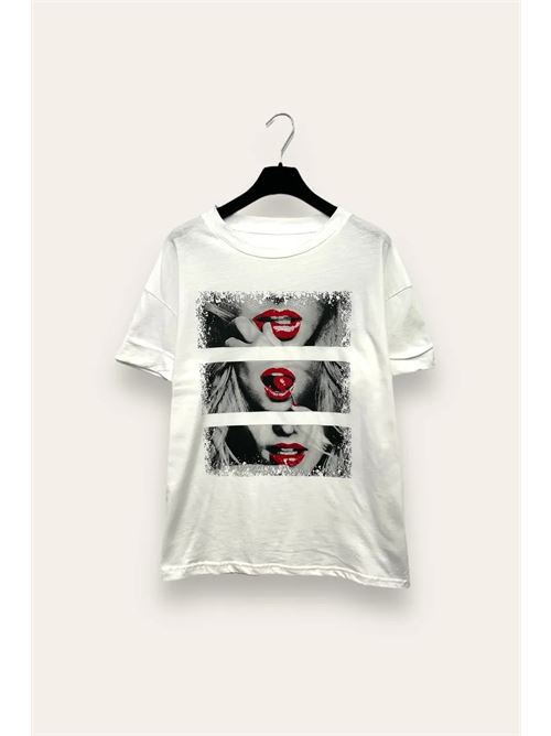 T-shirt con stampa donna con labbra a contrasto LOVEme | VB-10779/Bianco